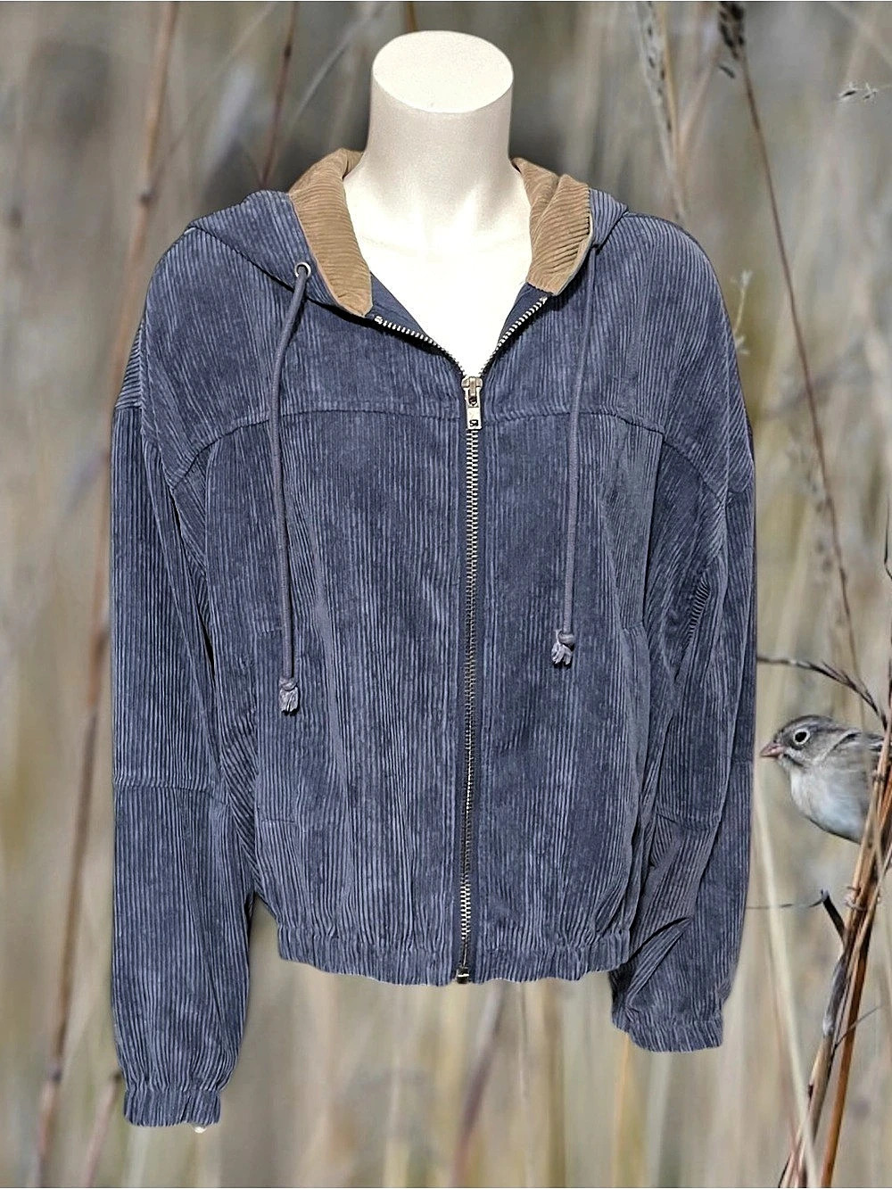 Hem & Thread Cropped Corduroy Zip Hoodie Bomber Jacket Slate Blue Large